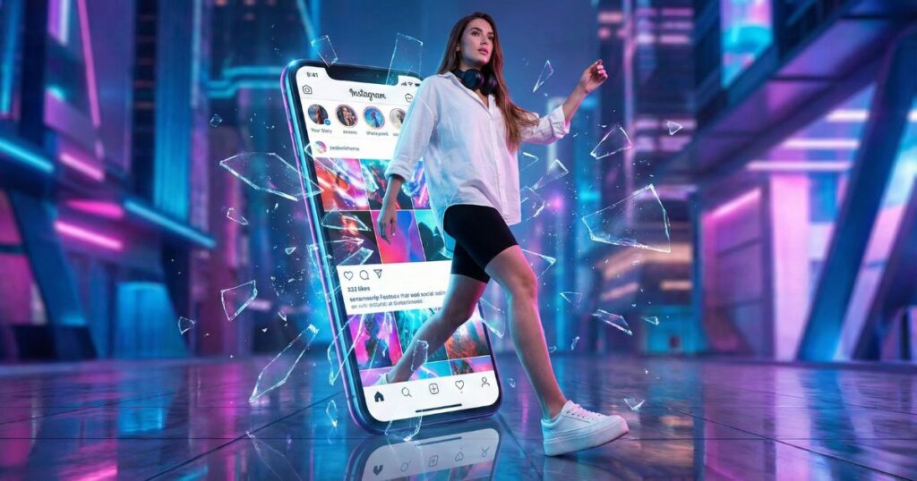 woman breaking through smartphone