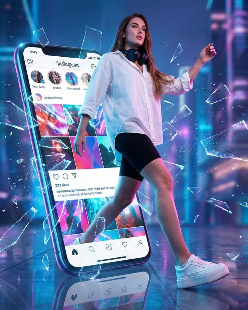 woman breaking through smartphone